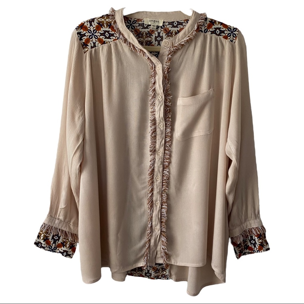 Umgee Cream Button Down Long Sleeve Shirt w/Fringe & Pattern    Sz L